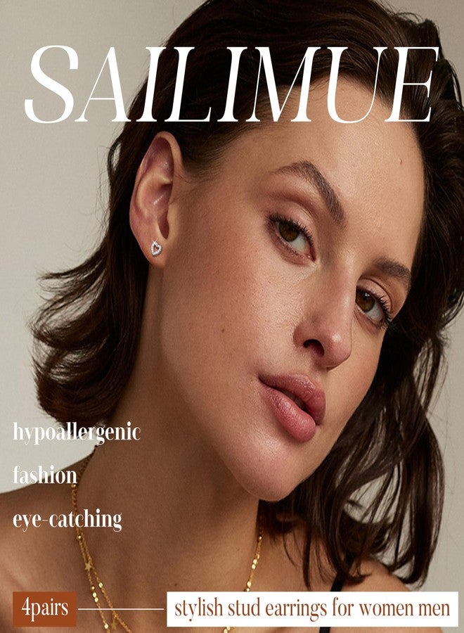 SAILIMUE Hypoallergenic Sterling Silver Stud Earrings for Women Men Brilliant Heart Knot Round Cubic Zirconia Earring Studs for Sensitive Ears Gold Silver Tone - Image 3